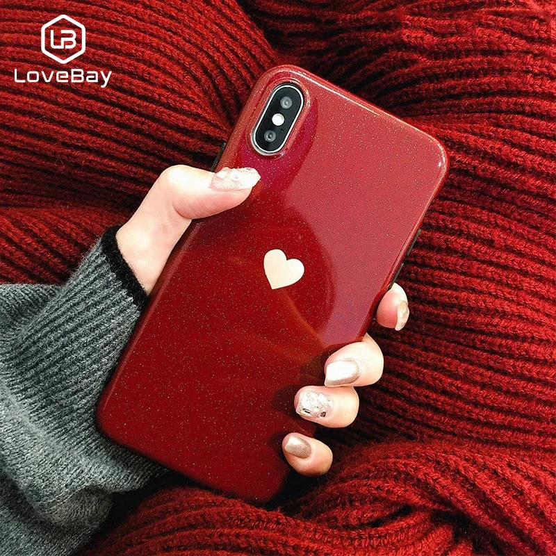 Lovebay блестящий чехол для телефона с сердечком для iPhone 11 Pro 6 6s 7 8 Plus X XR XS Max простой мягкий IMD для iPhone XS задняя крышка подарок