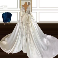 mermaid pearls wedding dress satin women long sleeves bridal gowns detachable train vestidos de novia