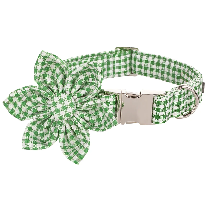 

Unique Style Paws Green Plaid Dog Collar with Flower Bow Tie Soft Cotton Fabric Collar Metal Buckle Adjustable Pet Accessory