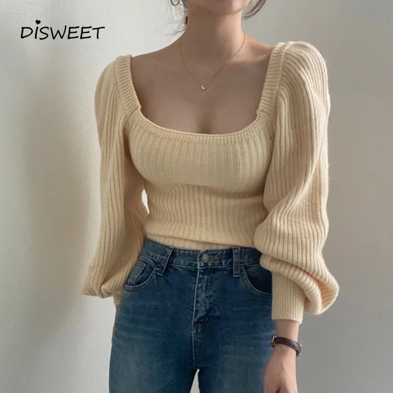 

Вязаный свитер с квадратным вырезом, женский простой однотонный свободный свитер с пышными рукавами, женский простой облегающий свитер с д...