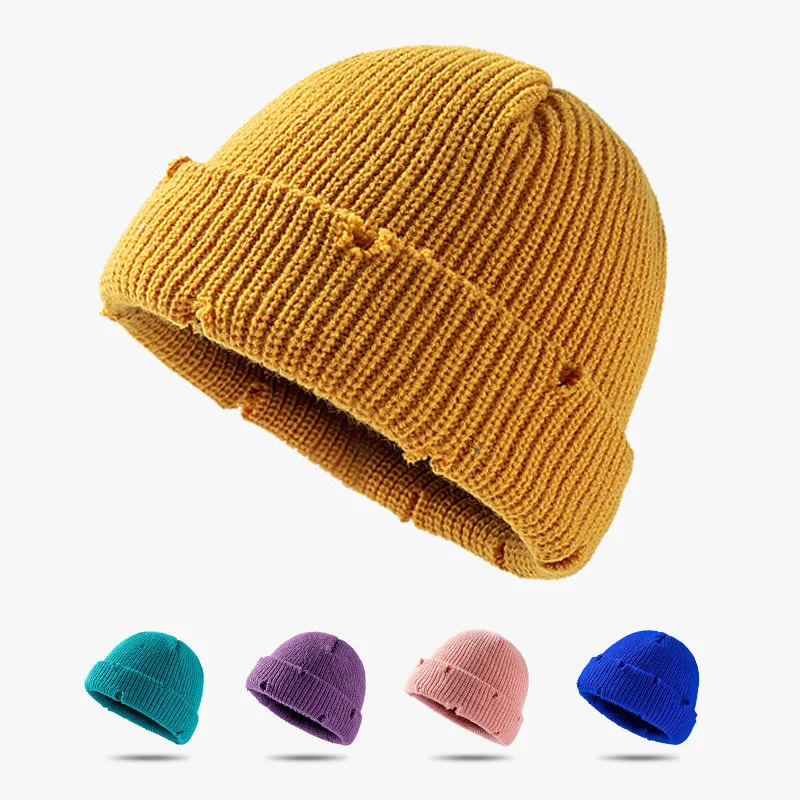 

шапка бини 2021 Fashion Short Dome Knitting Men's Winter Hat Frayed Melon Hats Streetwear Hip Hop Caps Warmer Windproof Woolen