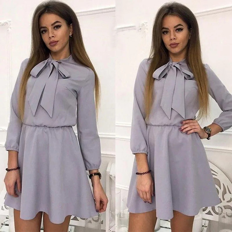 

Summer Loose Dress Women's Fashion Bow Causal Party Dresses Autumn O-Neck Elastic Waist Solid Vintage Mini Dress Plus Size
