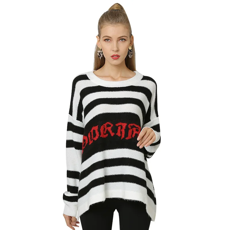 

XIKOI Striped Print Plus Size Sweaters Women Long Pullover Dresses Fashion Jumper Knitwear Sweaters Pull Femme Tops