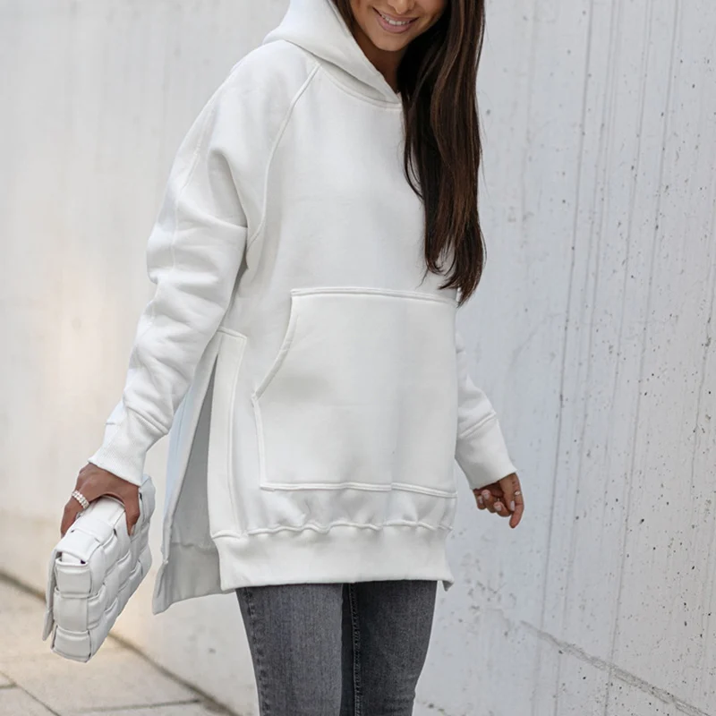 

Autumn Women Casual Hooded Sports Dress Fashion Drawcord Split Solid Dress Long Sleeve Pocket Loose Sweatshirt Dress Streetwear