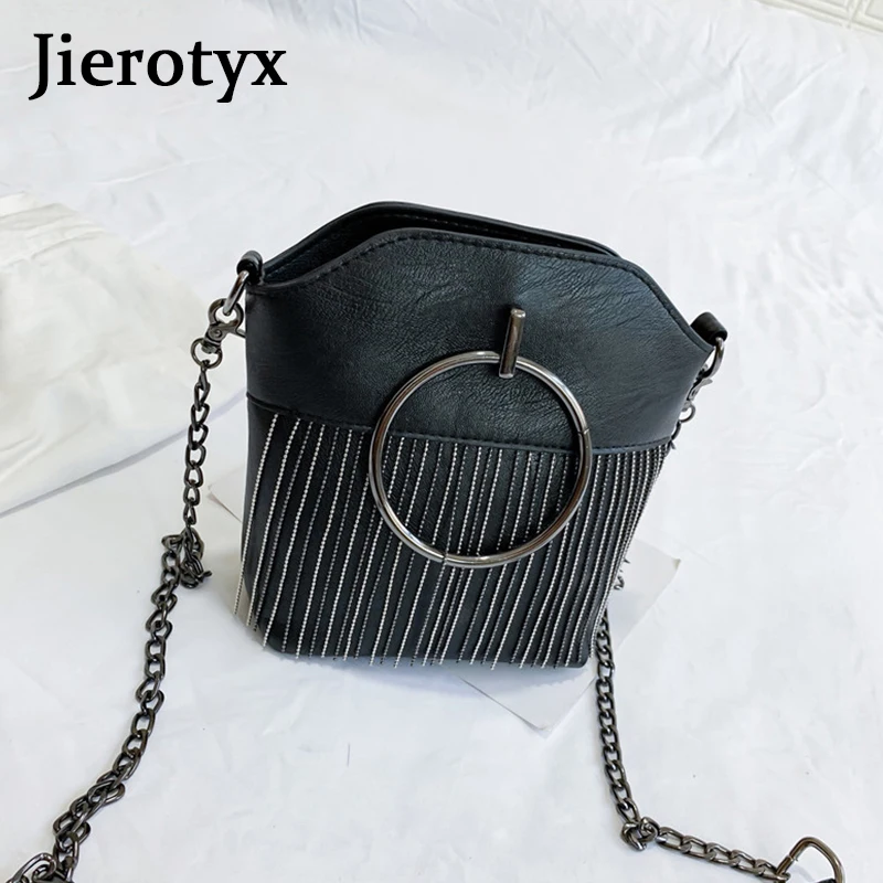 JIEROTYX Hot Sale New Women PU Leather Handbags Tassel Fashion Designer Black Bucket Chain Shoulder Bags Messenger Bag | Багаж и сумки