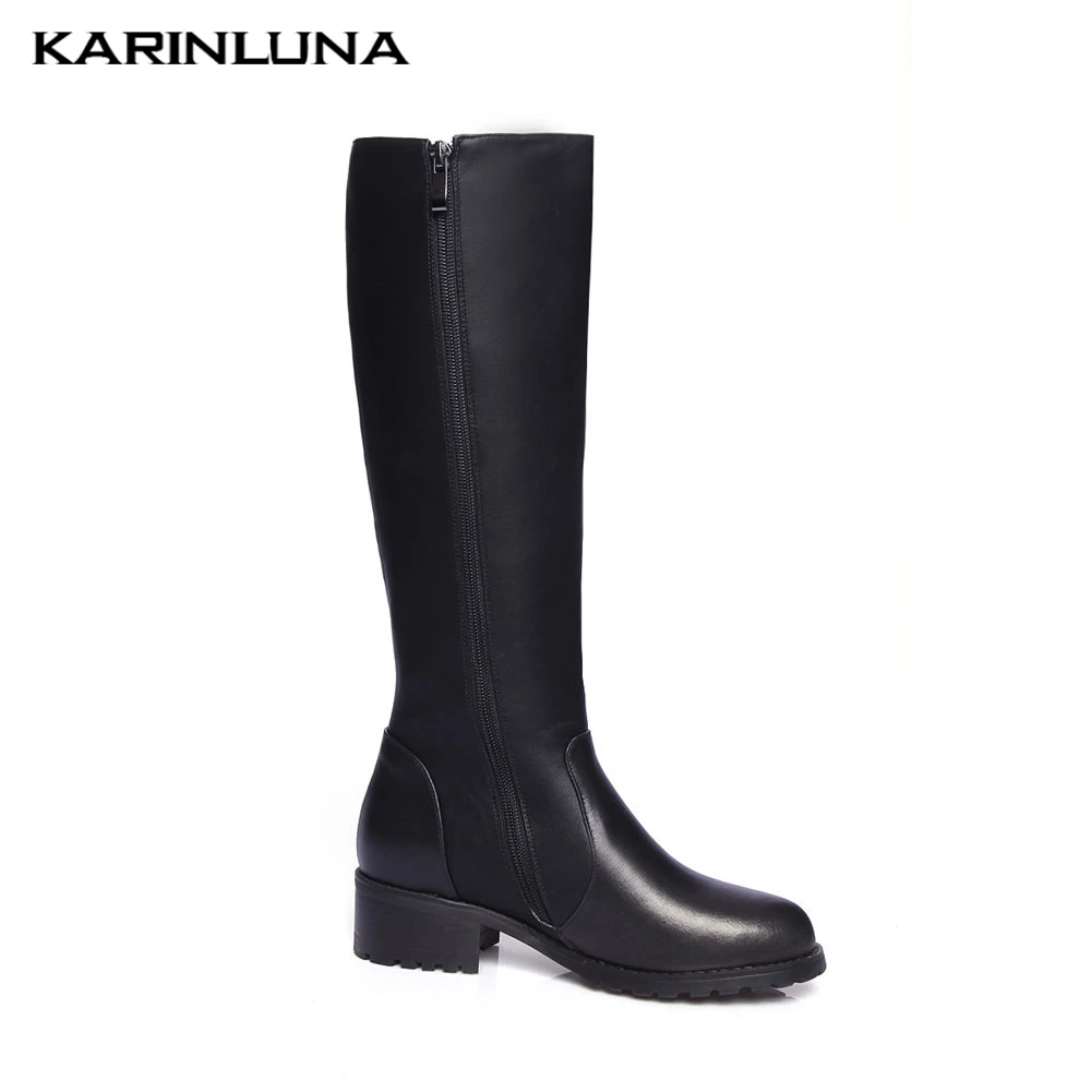 

Karinluna New Large Sizes 33-44 Genuine Leather Fashion Square Heels Winter Shoes Knee High Cow Skin Riding Boots Women