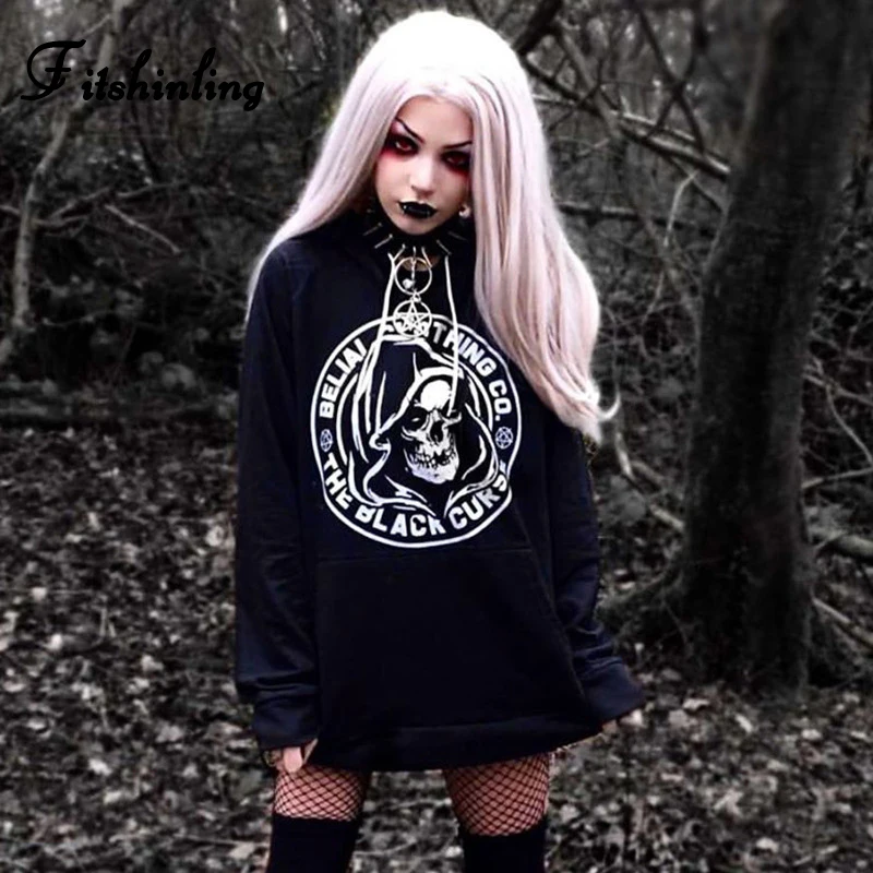 Женская толстовка с длинным рукавом Fitshinling Goth Grunge черная принтом черепа в стиле