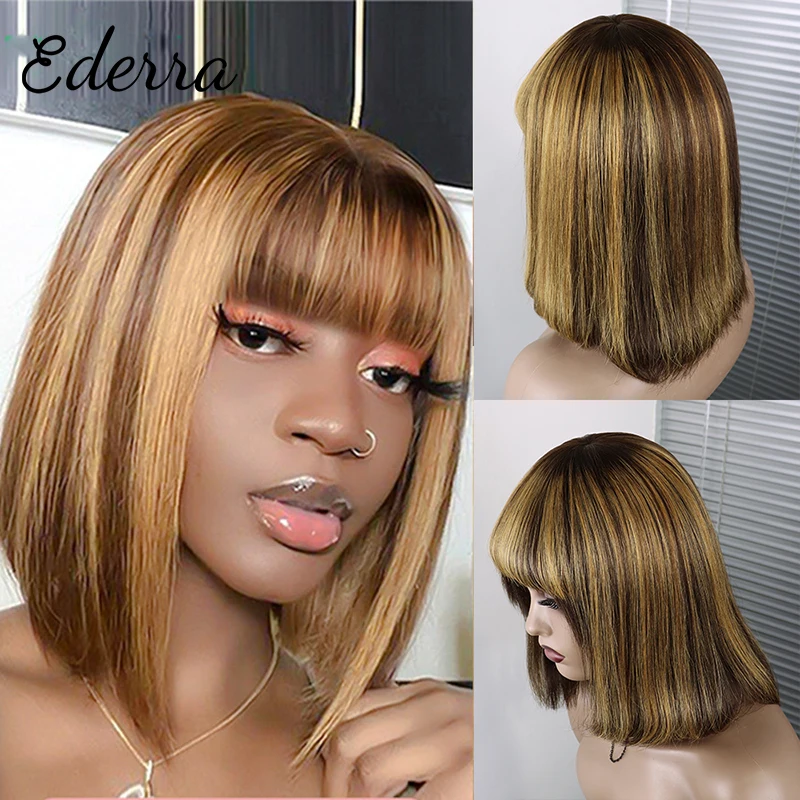 

Human Hair Wigs with Bangs Brazilian Straight Bob Wig with Bangs Highlight Wig 100% humanHair No Lace Full Machine Wigs