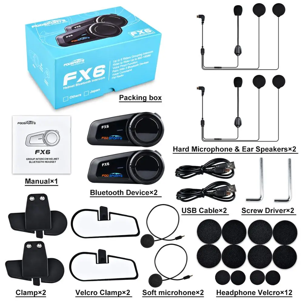 Fodsports 2 pcs FX6 Helmet Intercom Motorcycle Bluetooth Headset 6 Rider 1000m Interphone Intercomunicador FM Radio | Автомобили и