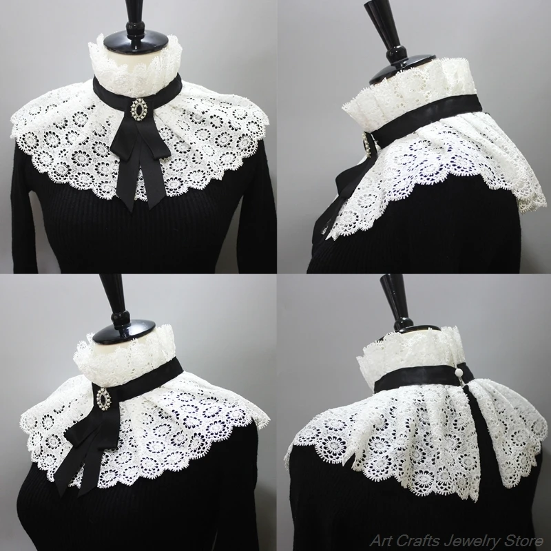 

Vintage Steampunk Womens Ruffle Fake Collar Hollow Out Floral Lace Big Shawl Wrap Rhinestone Bowtie Lolita Neck Ruff M19 21