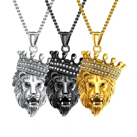 fashion stainless steel zirconia crown lion pendant necklace punk jewelry gift for men
