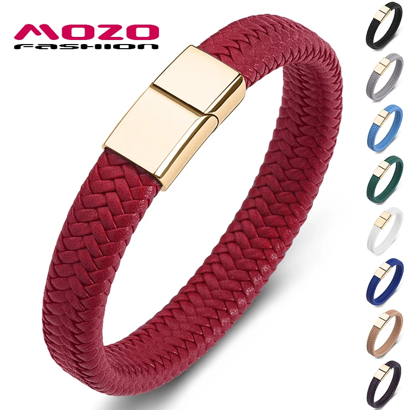 MOZO FASHION 2020 Punk Men Jewelry Red Braided Leather Bracelet Gold Stainless Steel Magnetic Clasp Fashion Women Bangles 161 | Украшения и