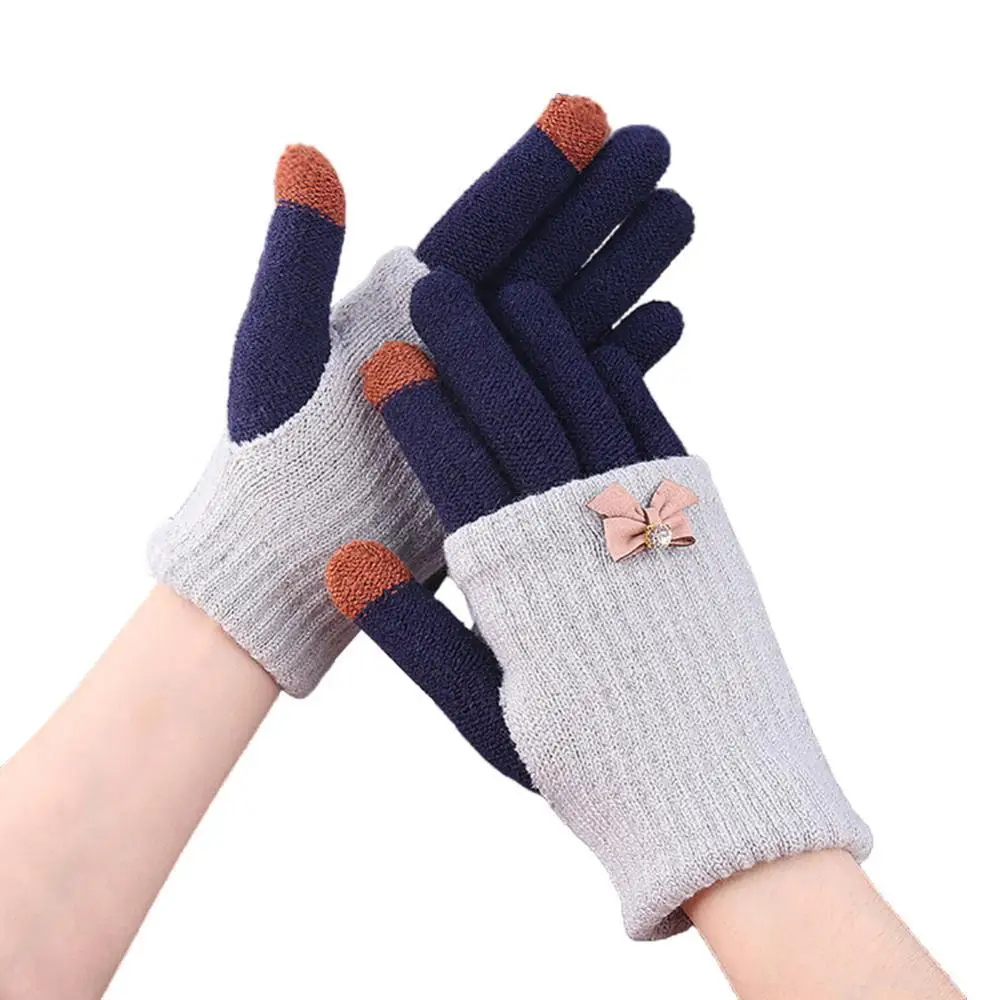 

Women Winter Bowknot Double Layer Touch Screen Full Finger Knitted Gloves Mitten