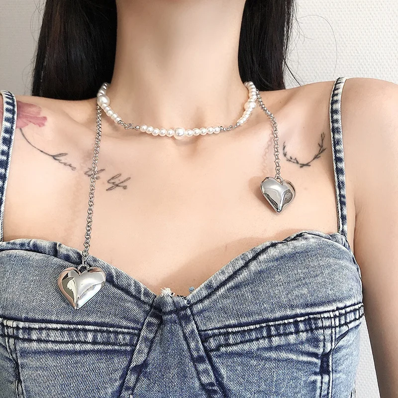 Массивное металлическое сердце жемчужная цепь длинное ожерелье в форме капли