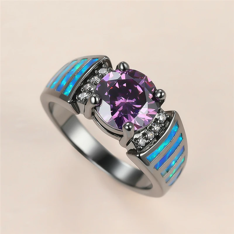 

Luxury Female Purple Round Crystal Ring Charm 14KT Black Gold Wedding Rings For Women Trendy Bride Blue Opal Engagement Ring