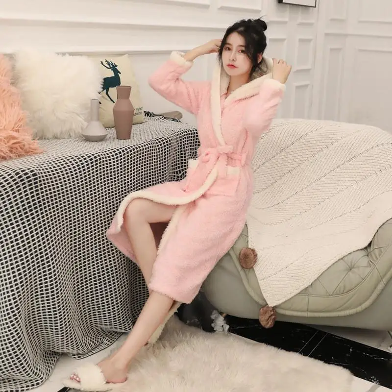 Pink A5 Милое серое кимоно, коралловый флис, зимний халат, халат, свободный халат, ночное белье, Женская фланелевая ночная рубашка, одежда для сна, Халат - Цвет: Pink A5