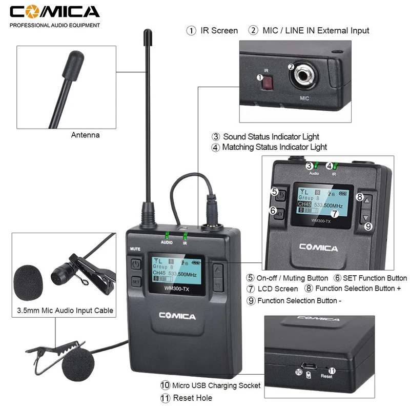 Беспроводная петличная микрофонная система Comica CVM WM300 96 каналов UHF для XLR