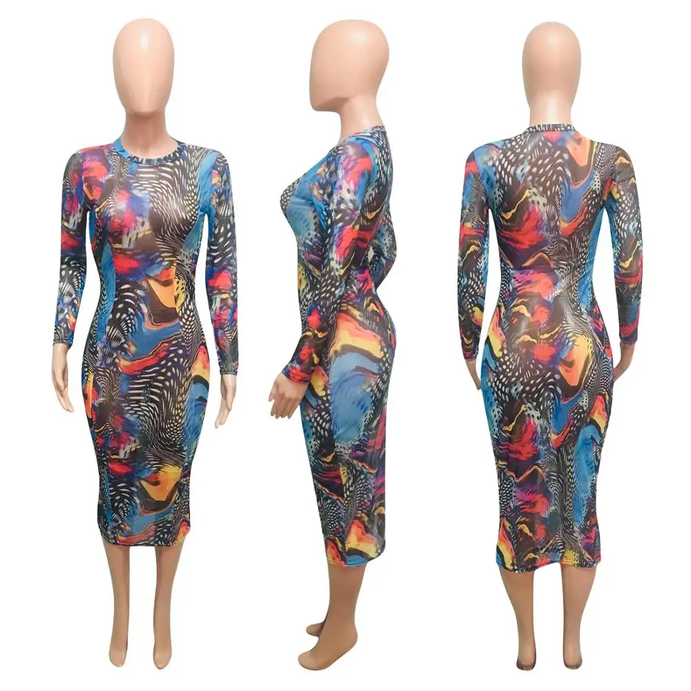 

Adogirl Autumn Women Mesh Colorful Print Maxi Dress Long Sleeve O-Neck Midi Dress Fashion Sexy Women Long Party Dress Vestido