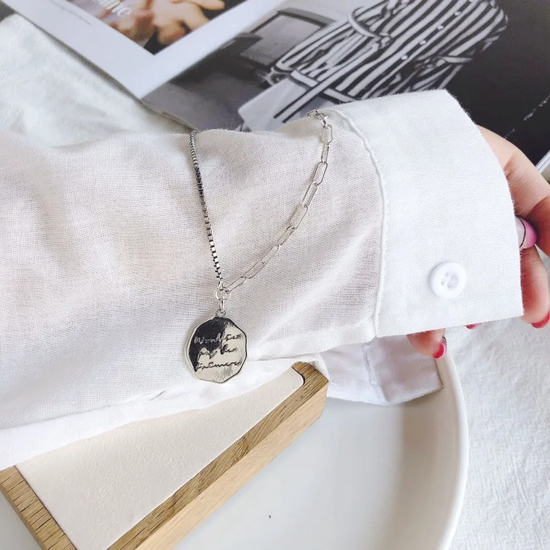 

Leouerry 925 Sterling Silver Vintage Letter Pendant Necklace Asymmetric Clavicle Chain Necklaces for Women Silver 925 Jewelry