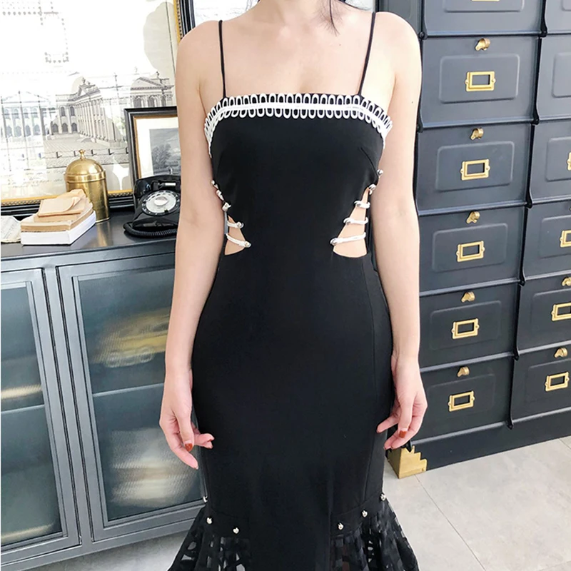 

VGH Hollow Out Patchwork Plaid Dress For Women Square Collar Sleeveless High Waist Slim Sexy Dresses Female Summer Fashion Tide