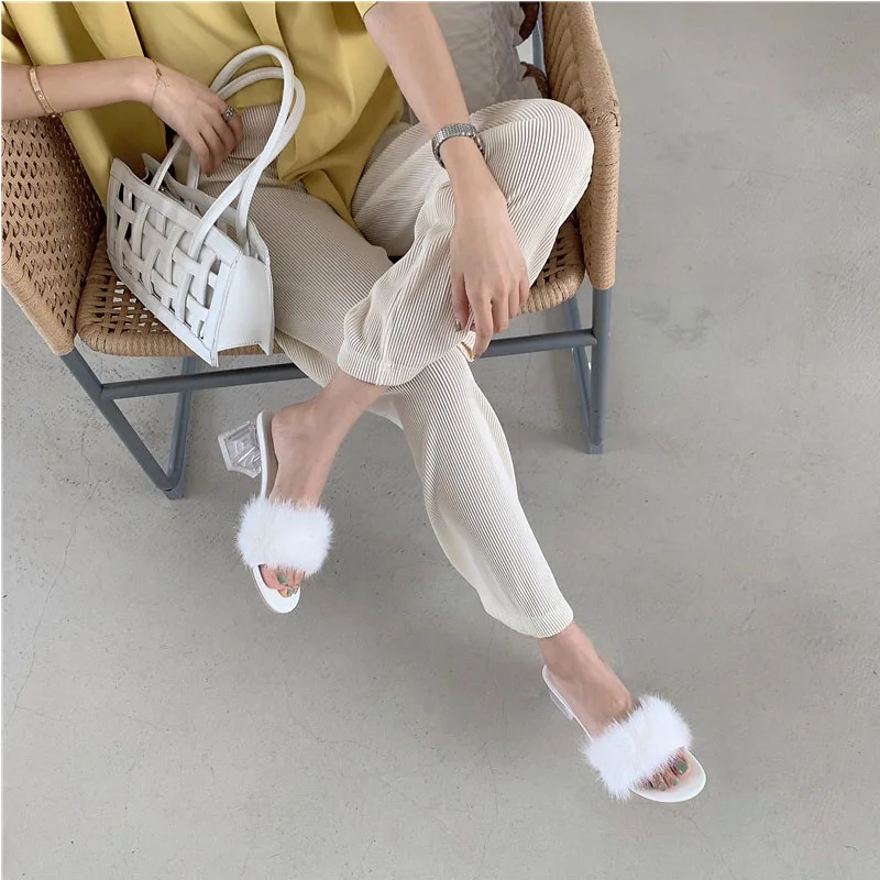 Женские босоножки с натуральным мехом сандалии из меха норки на квадратном