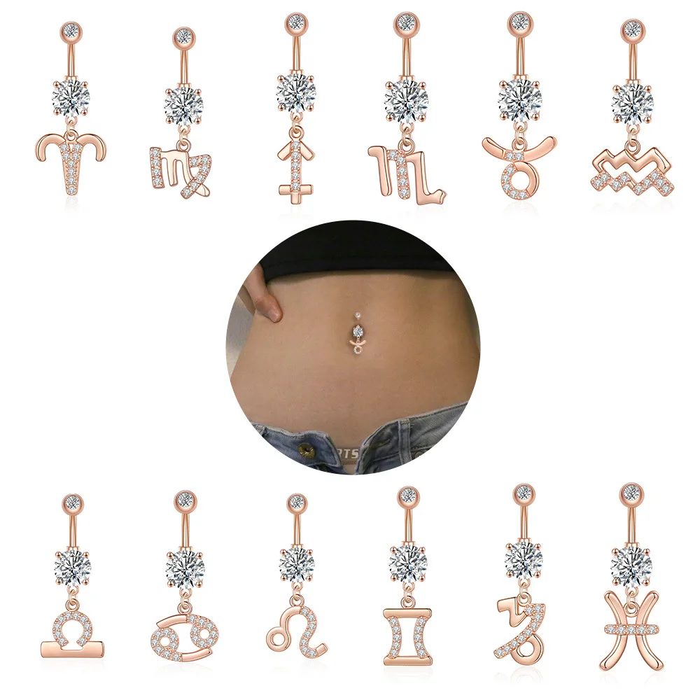 

New Zircon Navel Nail Twelve Constellation Zircon Belly Button Ring Piercing Jewelry.Pendant 12pcs