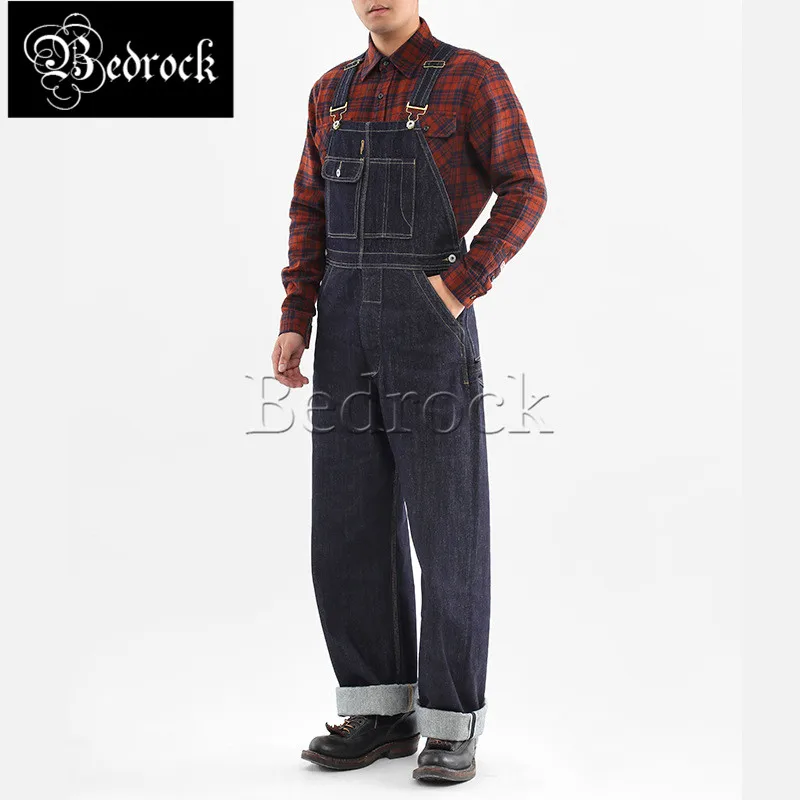 Bedrock 14oz high quality vintage denim overalls heavy raw denim jeans one washed blue Amekaji dungaree suspenders for men 7293