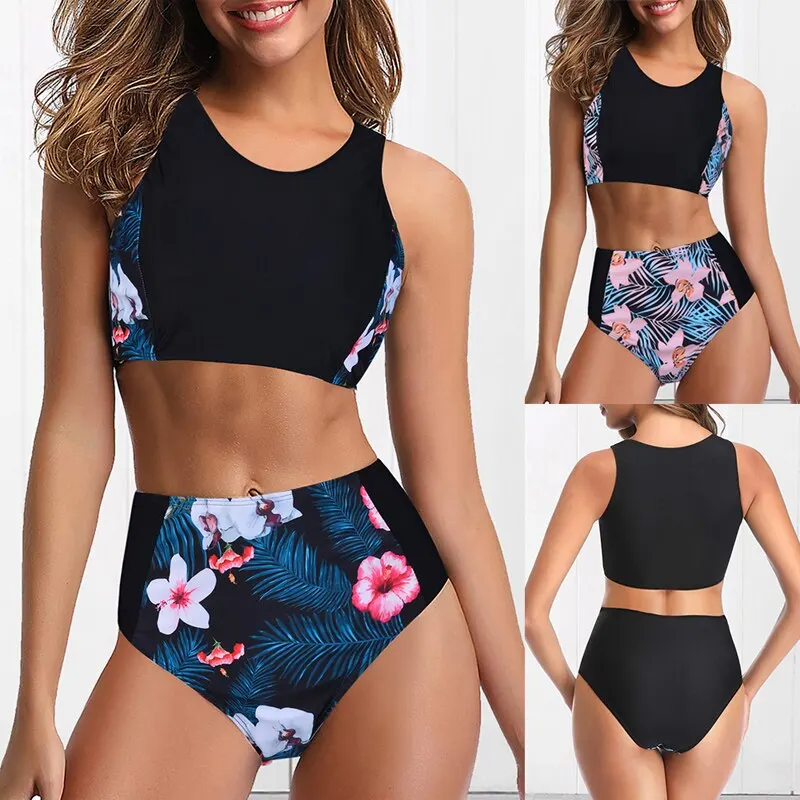 Ретро купальник с цветочным принтом Женский комплект бикини высокой талией