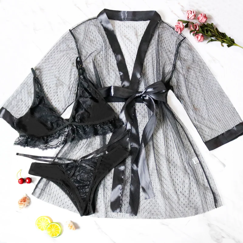 

3PCS Women Lingerie Sets Cardigan + Bra + Thongs Mesh See Through Sexy Erotic Babydolls Party Nightwear Suits Plus Size 5XL