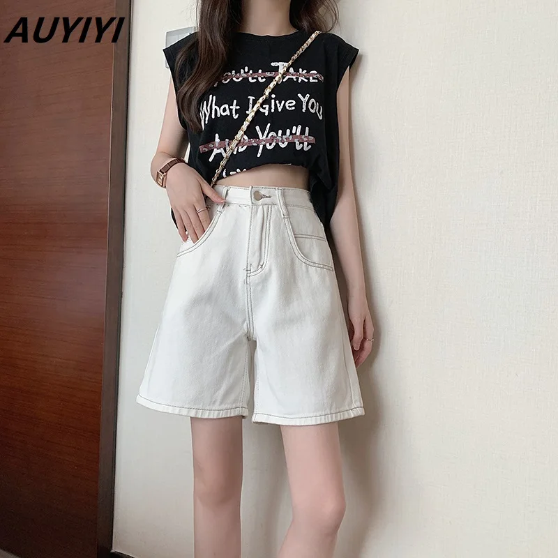 

AUYIYI 2021 Retro High Waist Was Thin Wide Leg Pants Solid Color a Word Fashion Plus Size Denim Straight Shorts Female Summer