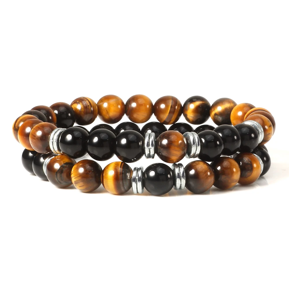 

2pcs/Set Men Beads Bracelet Natural Bright Black Beaded Bracelets&Bangles Women Couple Healing Balance energy Prayer Jewelry 8mm