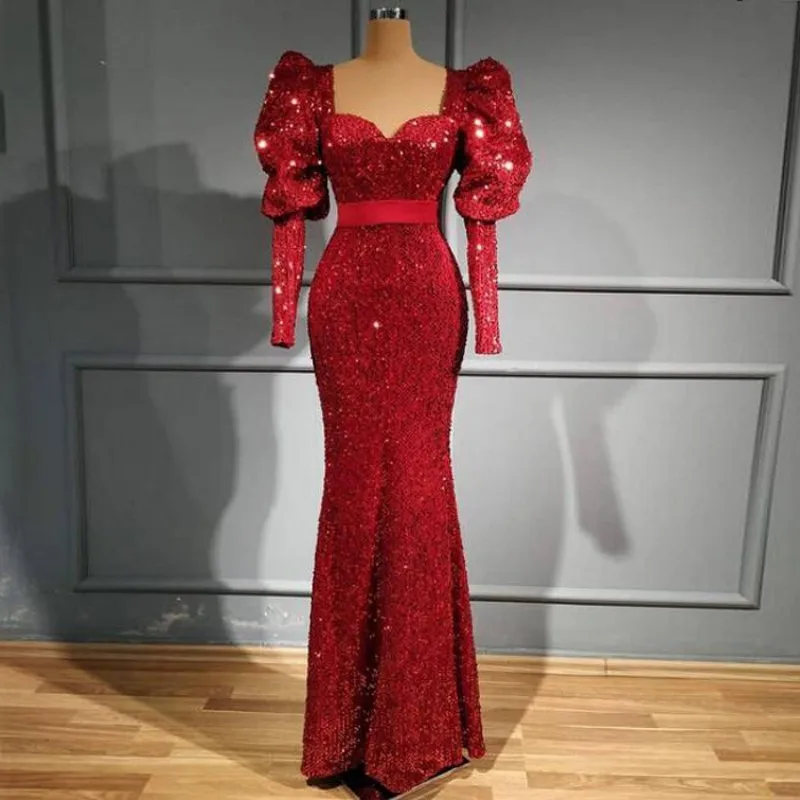 

Dark Red Sequined Mermaid Prom Dresses Puffy Long Sleeves Evening Gowns Zipper Back Formal Party Dress Robe De Soiree