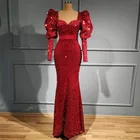 Темно-красное вечернее платье с блестками и юбкой-годе, с длинным рукавом, на молнии сзади, официальное платье для вечеринки, вечернее платье