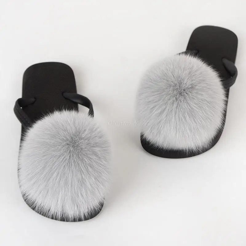 

P Pom Pom Fur Slippers Women Fluffy Sliders Furry Sandals Real Rabbit Fur Slippers Fox Fur Slides Multicolor Customize
