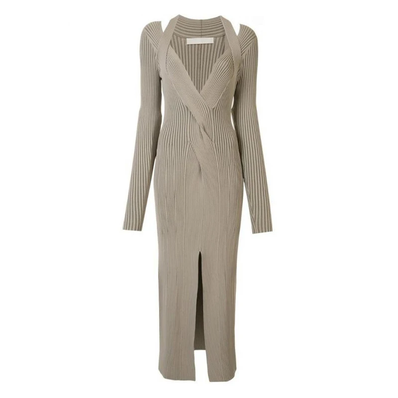 

GALCAUR Vintage Dress For Women V Neck Long Sleeve Knitting Slim Split A Line Large Size Dresses Female 2020 Fashion New Clothes