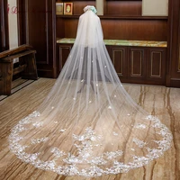 bridal veil long lace appliqued edge 4 meters ivory cathedral wedding veil with champagne 3d flowers