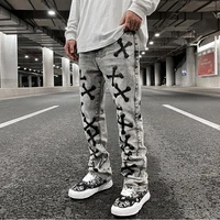 embroidery denim retro washed trousers gray pu for leather bone casual men straight oversize streetwear loose jeans mens pants