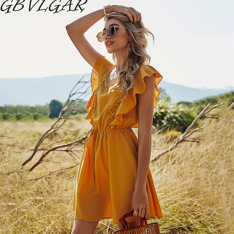 

Женские 2021 с рукавом-бабочкой, на шнуровке с квадратным вырезом Женские трапециевидные повседневные Элегантные платья с отверстиями на вне...