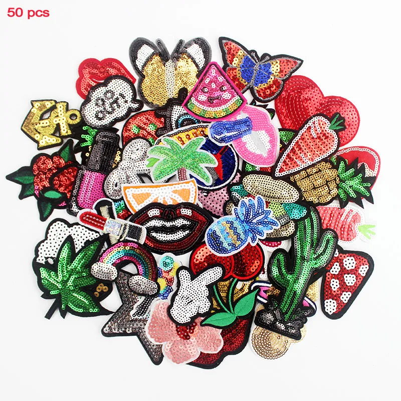 

50pcs /lot mixed fruit lips sequin patches hot iron on Embroidery clothes patches for girls DIY clothing accessories