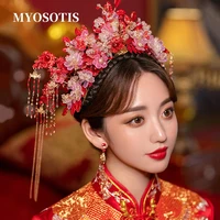 classical chinese gorgeous wedding hair jewelry accessories bridal costume headdress ancient red flower crown with earrings
