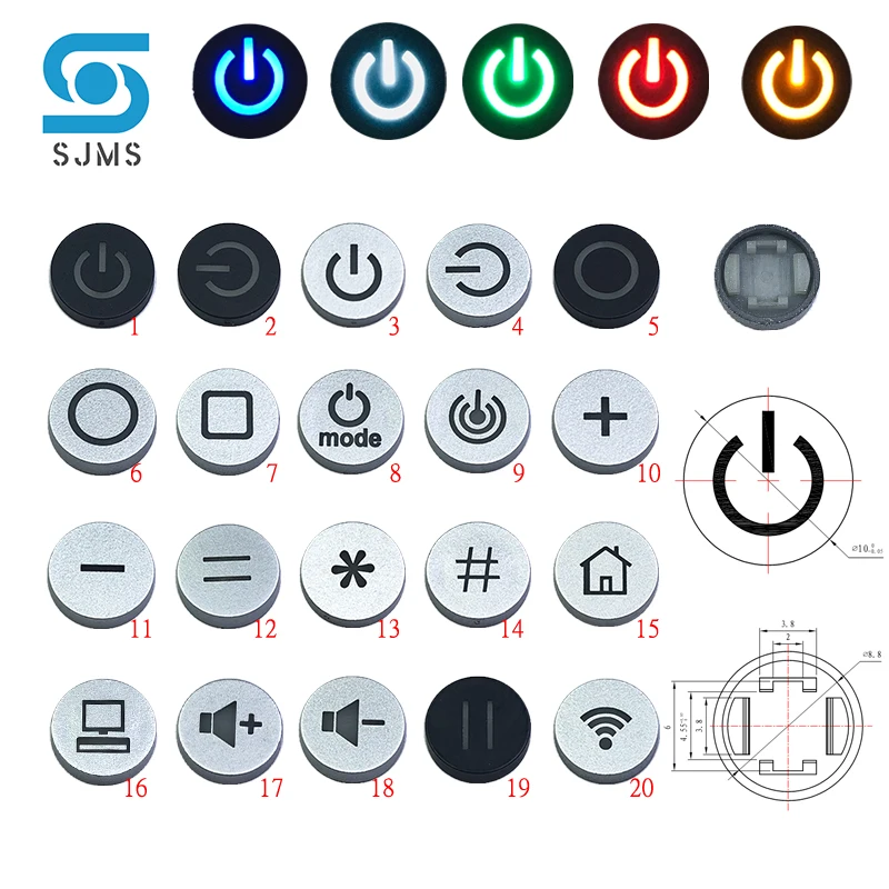 

Free Shipping 10pcs C12 LED OD 10mm Switch Cap Symbol Cap For 6*6mm Tactile Momentary LED Tact Push Button Switch Power Icon cap