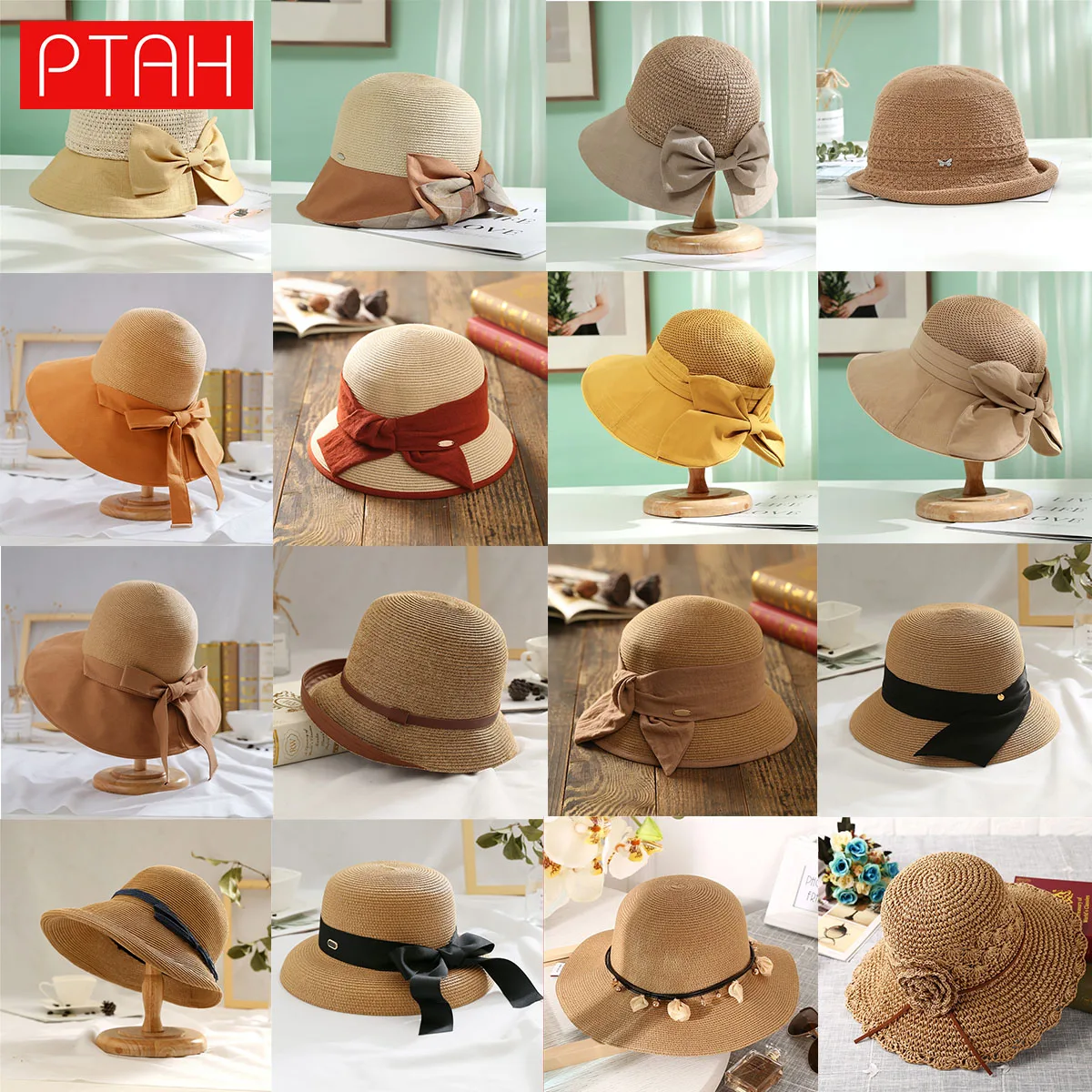 

[PTAH] New Fashion Straw Sun Hat UPF50+ Women Summer Beach Wide Brim Fedora Travel Hats Breathable Visors Female Sun Protection