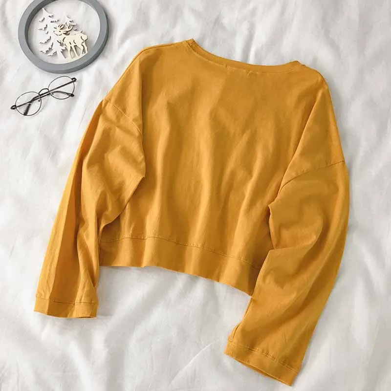 Plus Size Early Autumn New Korean Style Simple Solid Color Short Sweetshirts Loose Casual O-neck Thin Tops Women Clothing 11751