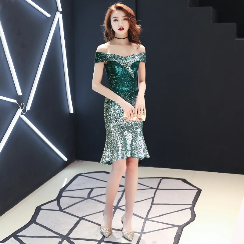 

Boat Neck Sequin Evening Dress Vintage Lady Birthday Gown Robe De Soiree Dresses Woman Party Night Special Occasion Dresses