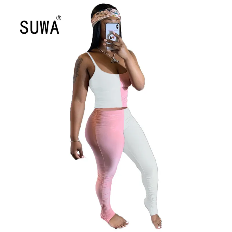 

tracksuit jogger women 2 pieces outfit color patchwork vest crop top + hight waist legging pants sweatpants sweatpants chic suit