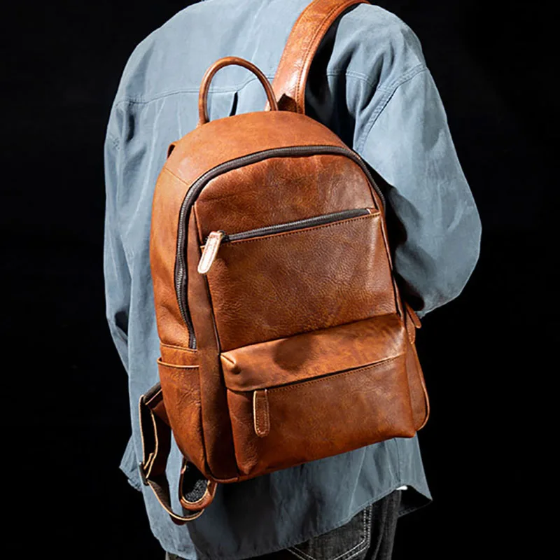

Hand-rubbed vegetable tanned leather backpack, first layer leather travel bag, trendy leather computer backpack