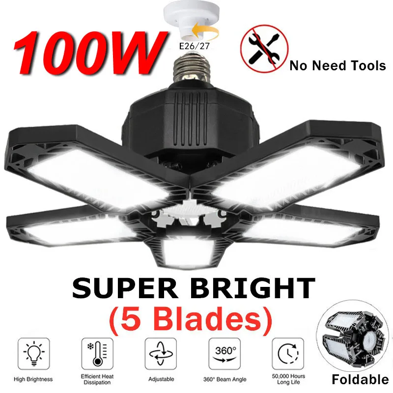 

New LED Garage Light E26/E27 200W Deformable Ceiling Light Warehouse Lighting Bulb with 5 Adjustable Panels