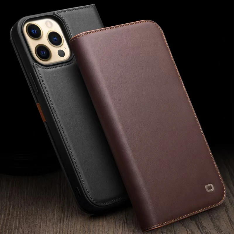 

QIALINO Genuine Leather Flip Case For iPhone 13 Pro Max Wallet Slots Cover Brand New