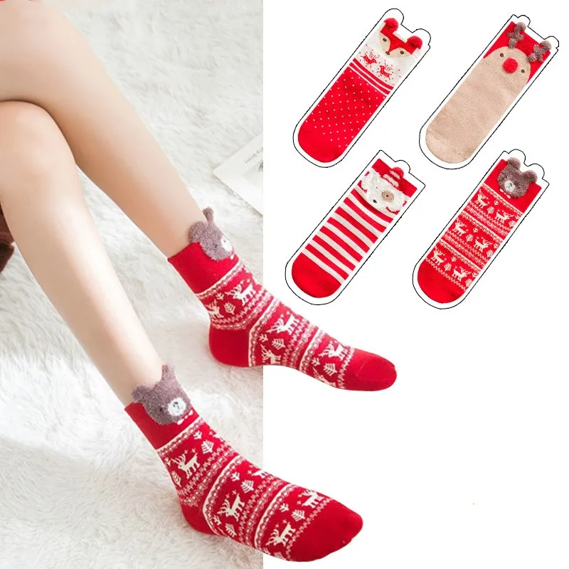 

4 Pairs Autumn Winter Breathable Cotton Socks Three-dimensional Cartoon Christmas Socks Cute Japanese Comfortable Women New