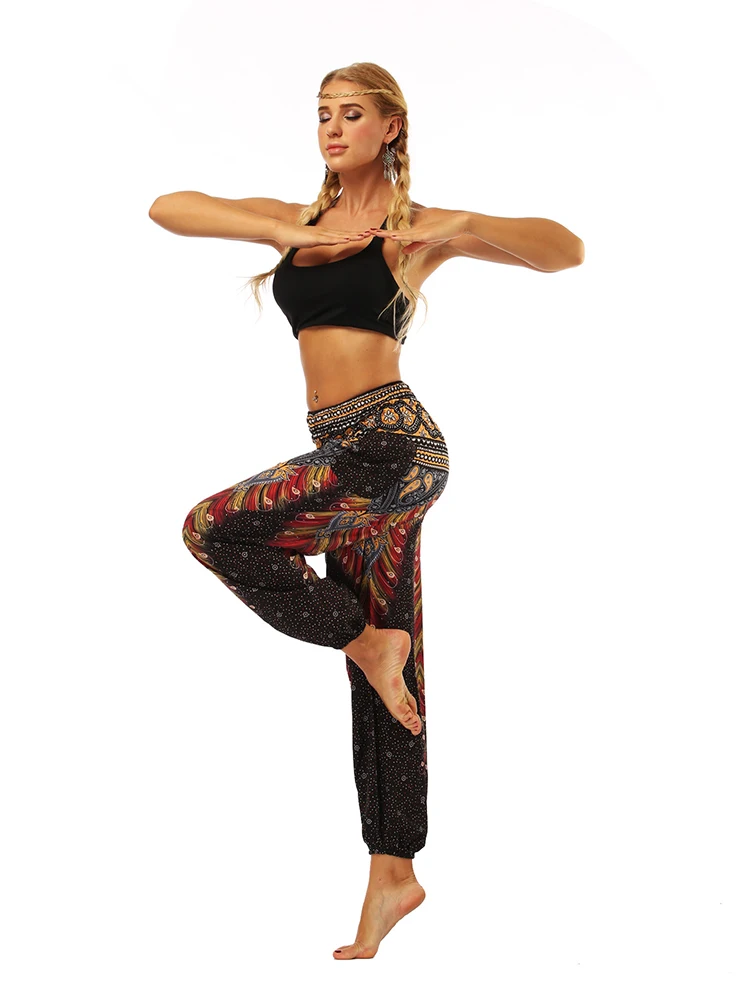 Брюки женские в этническом стиле с широкими штанинами спортивные штаны для